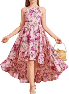 WDIRARA Girl's Floral Print Sleeveless Halter Dress Ruffle Asymmetrical Hem A Line Dresses