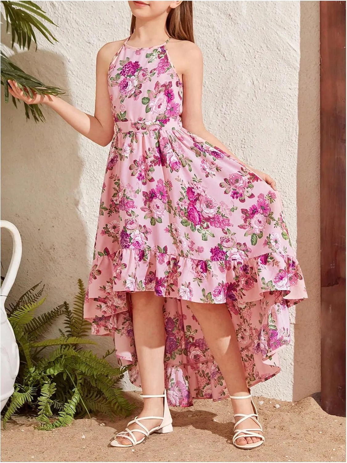 WDIRARA Girl's Floral Print Sleeveless Halter Dress Ruffle Asymmetrical Hem A Line Dresses
