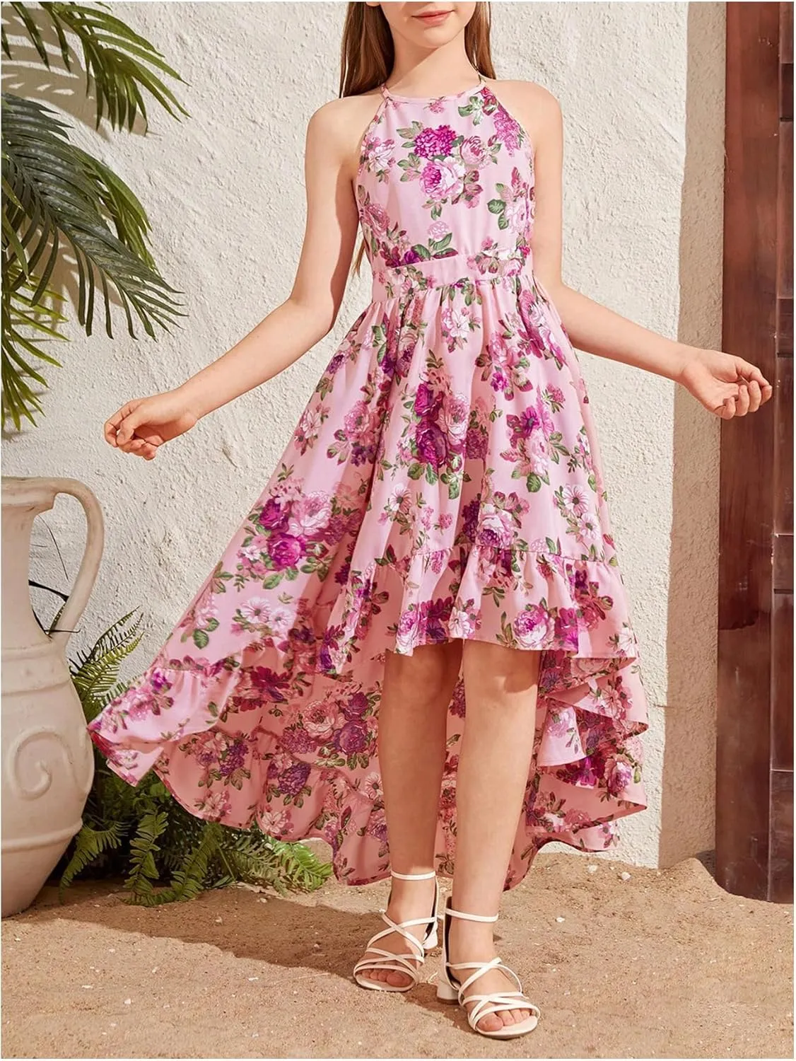 WDIRARA Girl's Floral Print Sleeveless Halter Dress Ruffle Asymmetrical Hem A Line Dresses