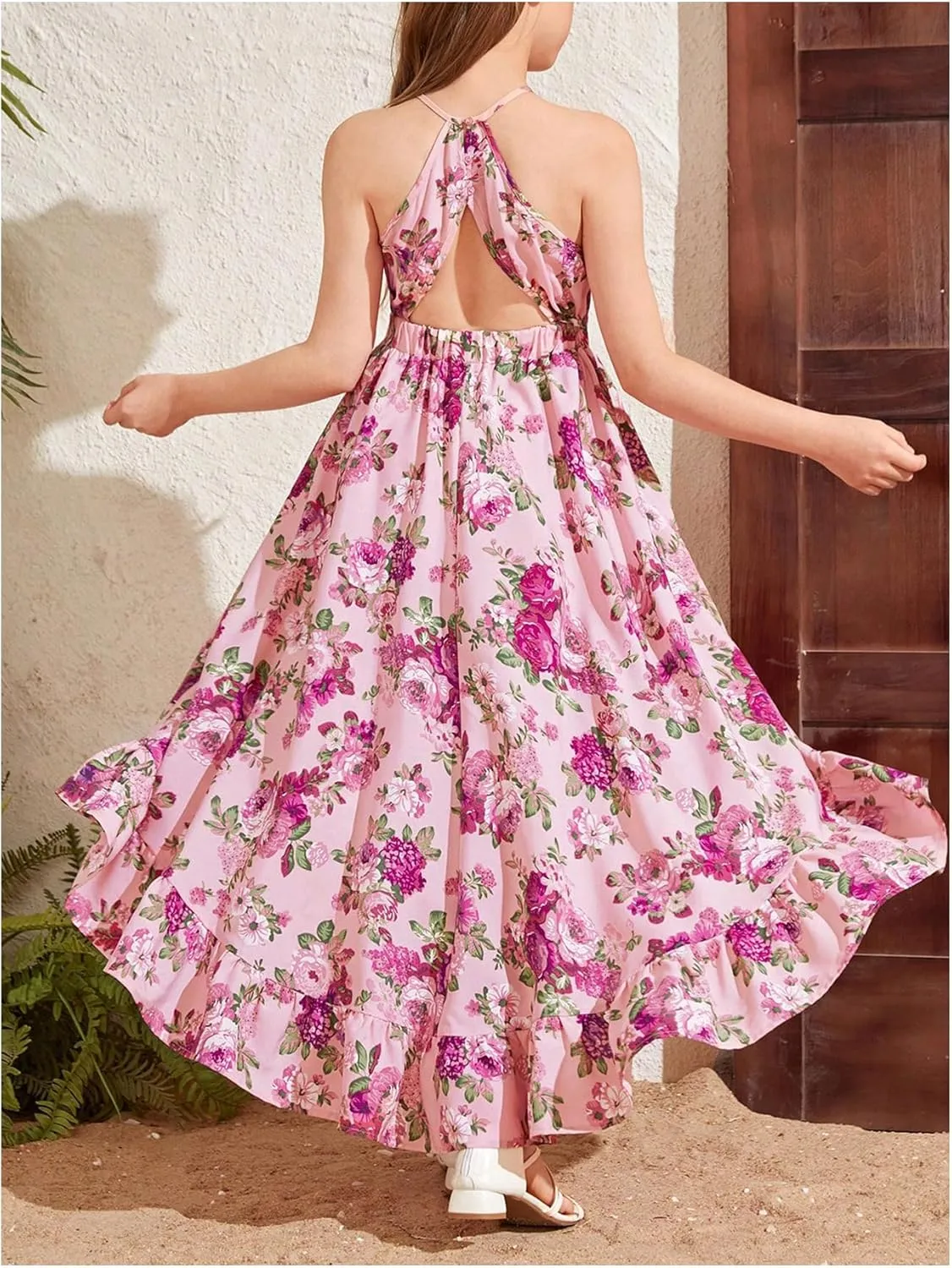 WDIRARA Girl's Floral Print Sleeveless Halter Dress Ruffle Asymmetrical Hem A Line Dresses