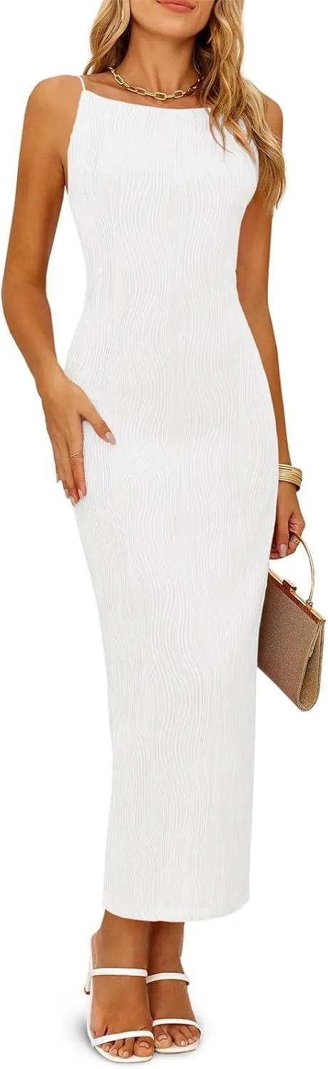 Wenrine Womens Sleeveless Maxi Dress Summer Backless Spaghetti Strap Textured Slit Bodycon Elegant Cocktail Dress
