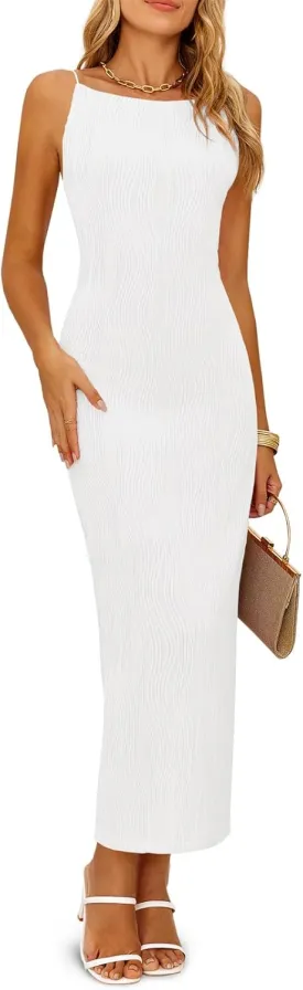 Wenrine Womens Sleeveless Maxi Dress Summer Backless Spaghetti Strap Textured Slit Bodycon Elegant Cocktail Dress