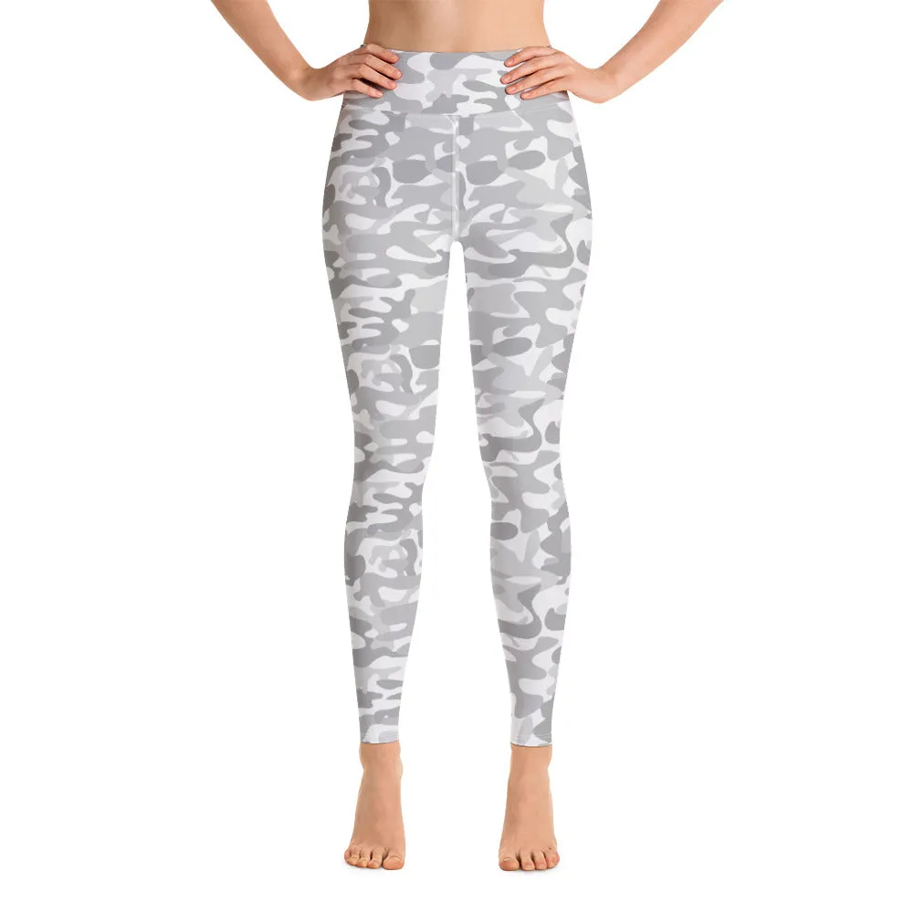 White Camo Yoga Leggings Women, Camouflage High Waisted Pants Cute Printed Workout Running Gym Designer Tights