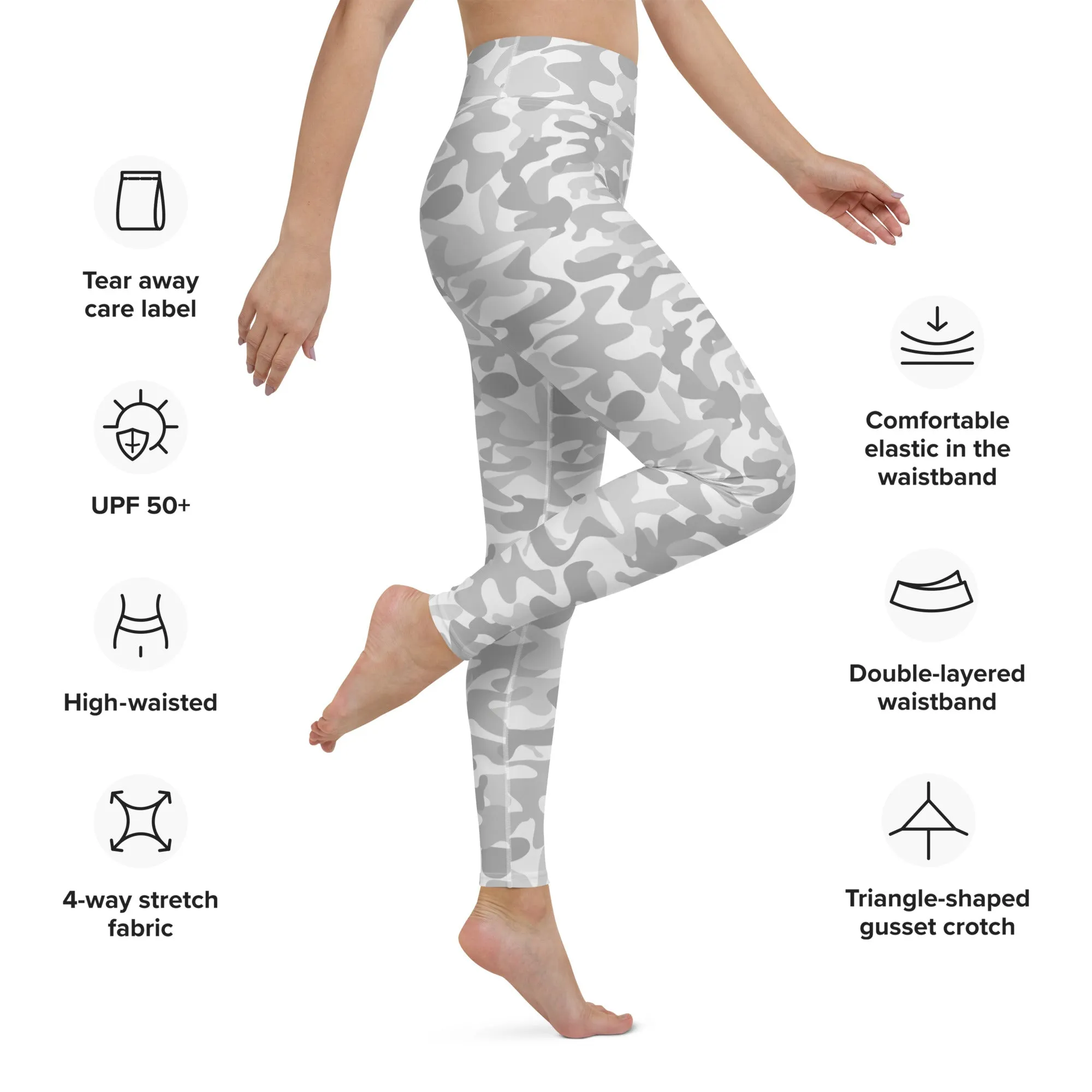 White Camo Yoga Leggings Women, Camouflage High Waisted Pants Cute Printed Workout Running Gym Designer Tights