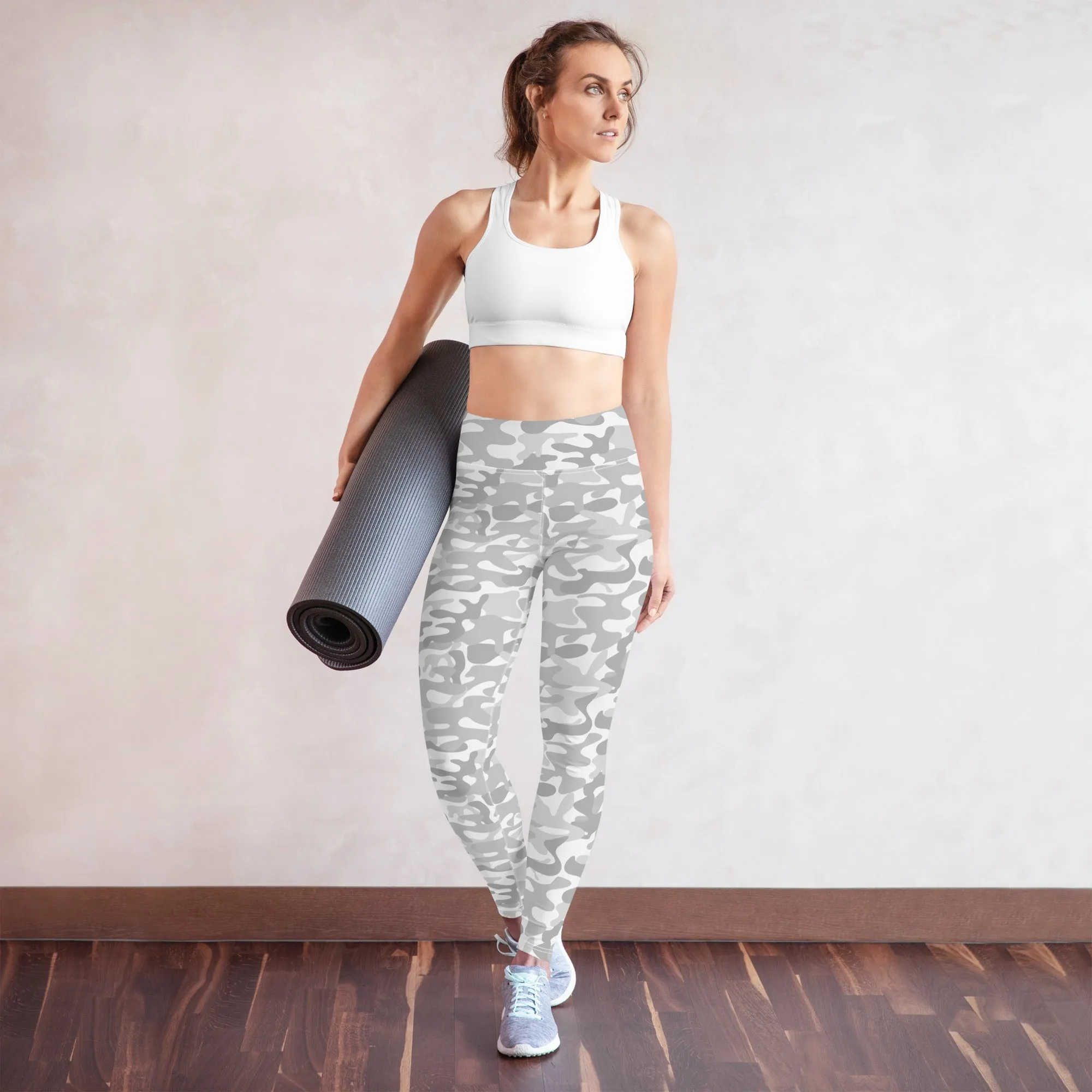 White Camo Yoga Leggings Women, Camouflage High Waisted Pants Cute Printed Workout Running Gym Designer Tights