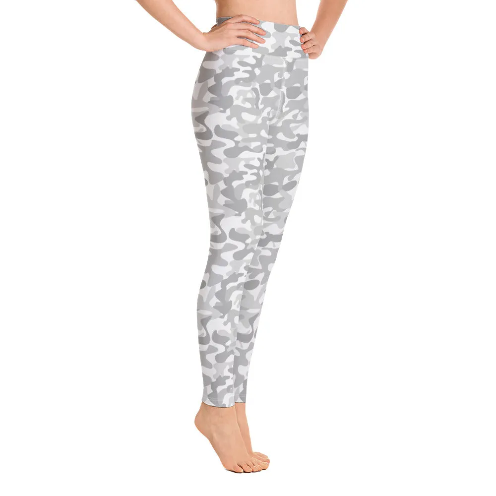 White Camo Yoga Leggings Women, Camouflage High Waisted Pants Cute Printed Workout Running Gym Designer Tights