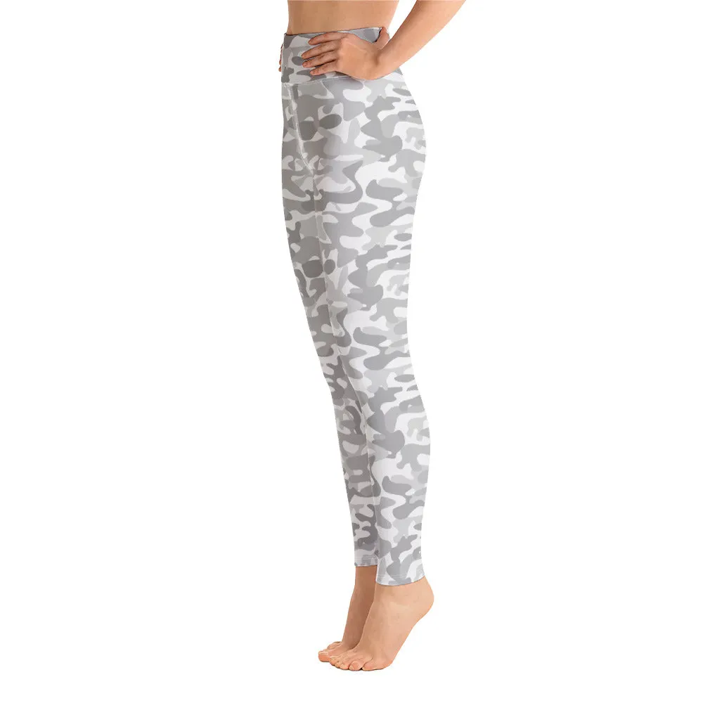White Camo Yoga Leggings Women, Camouflage High Waisted Pants Cute Printed Workout Running Gym Designer Tights