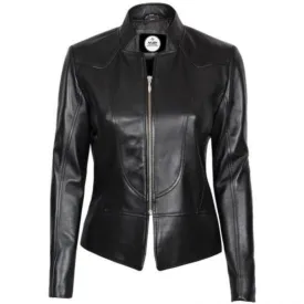 Women Black Slim Fit Leather Jacket