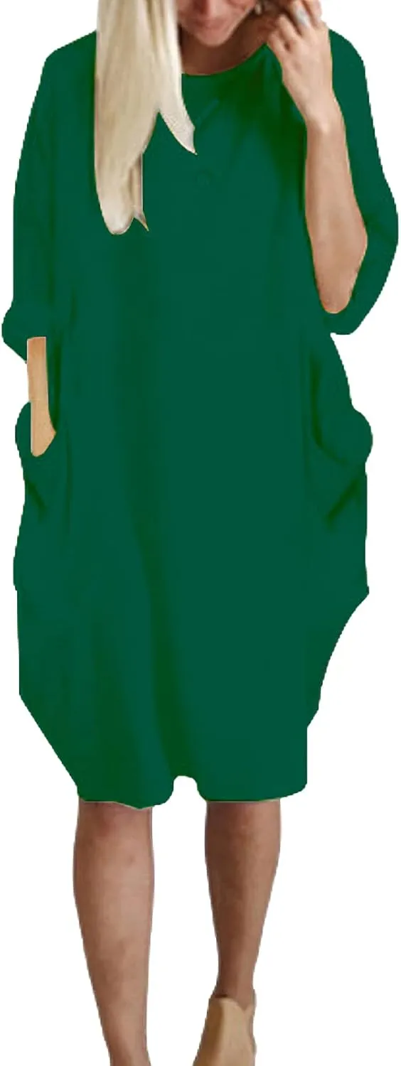 Women Crew Neck T Shirt Dress Loose Casual Plus Size Midi Dress with Pockets