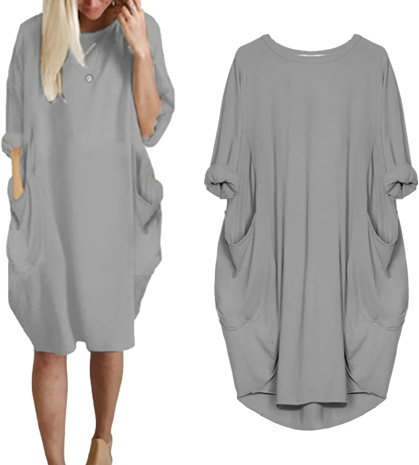 Women Crew Neck T Shirt Dress Loose Casual Plus Size Midi Dress with Pockets