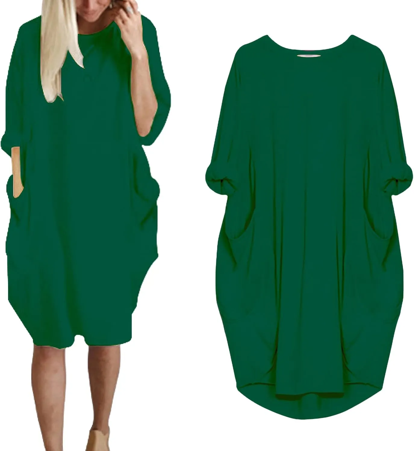 Women Crew Neck T Shirt Dress Loose Casual Plus Size Midi Dress with Pockets