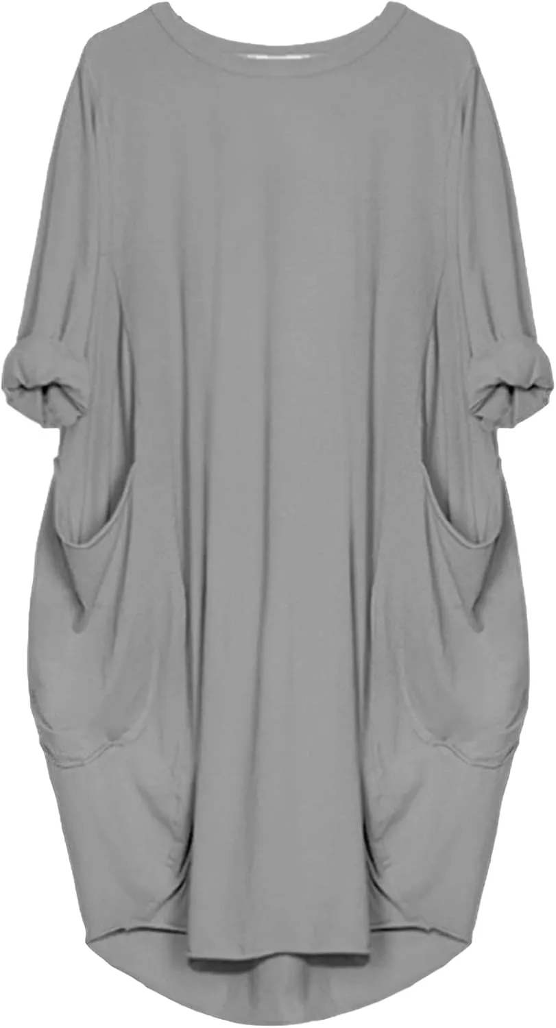 Women Crew Neck T Shirt Dress Loose Casual Plus Size Midi Dress with Pockets