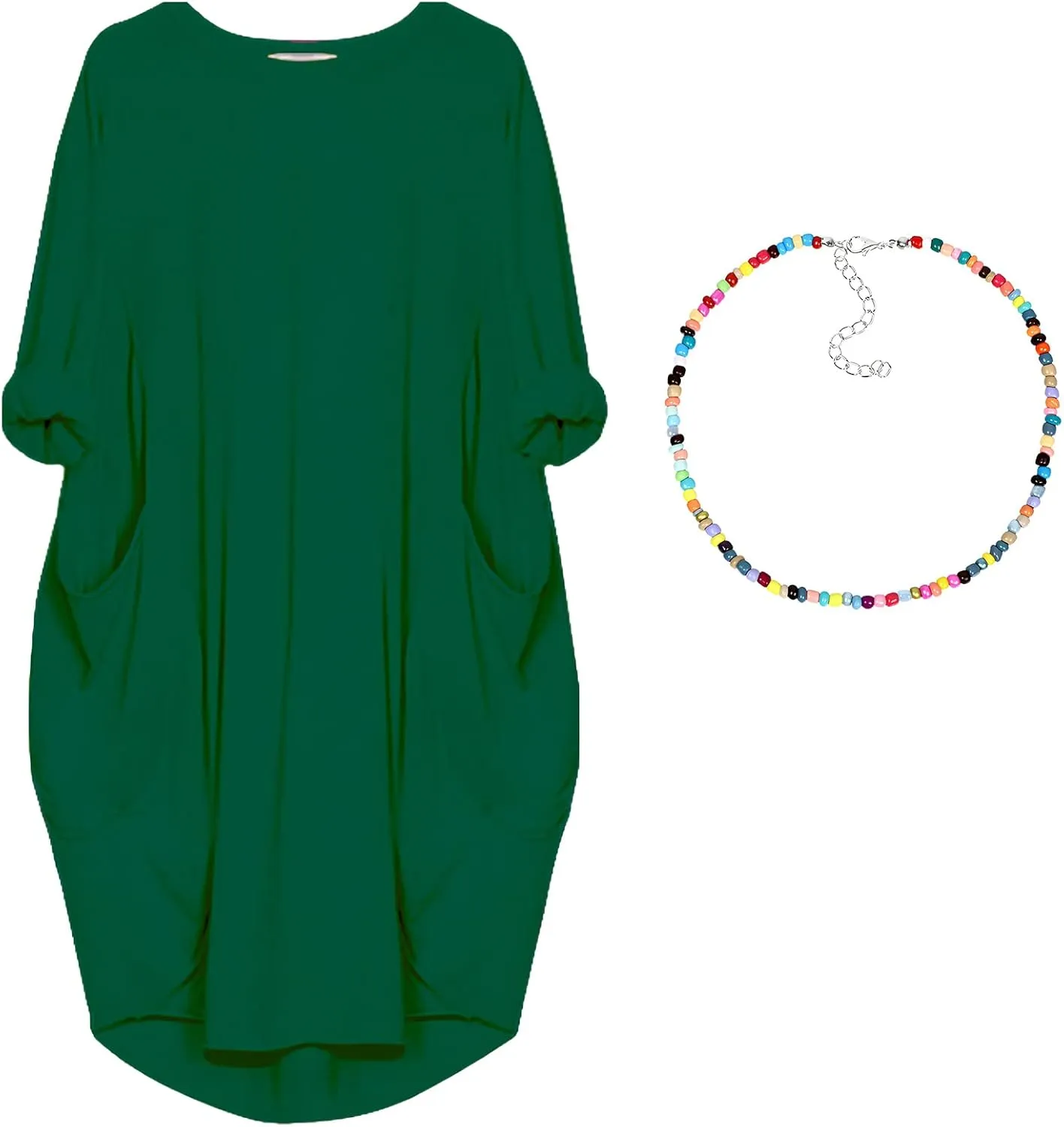 Women Crew Neck T Shirt Dress Loose Casual Plus Size Midi Dress with Pockets
