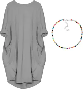 Women Crew Neck T Shirt Dress Loose Casual Plus Size Midi Dress with Pockets