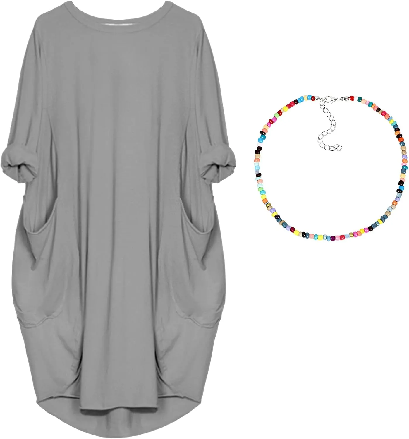 Women Crew Neck T Shirt Dress Loose Casual Plus Size Midi Dress with Pockets