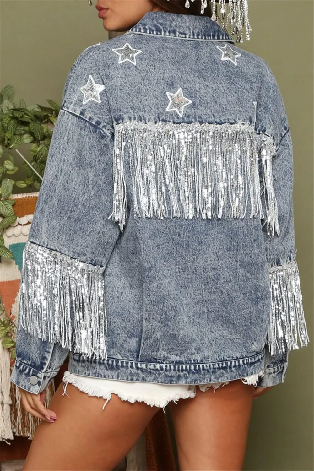 Women's Boyfriend Denim Jacket Long Sleeve Oversized Fringe Jean Jacket Coats