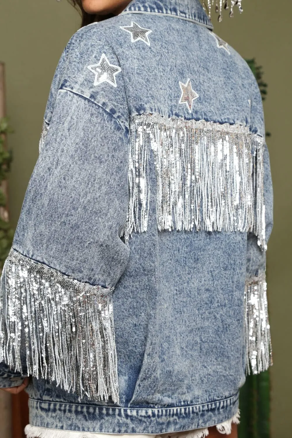 Women's Boyfriend Denim Jacket Long Sleeve Oversized Fringe Jean Jacket Coats