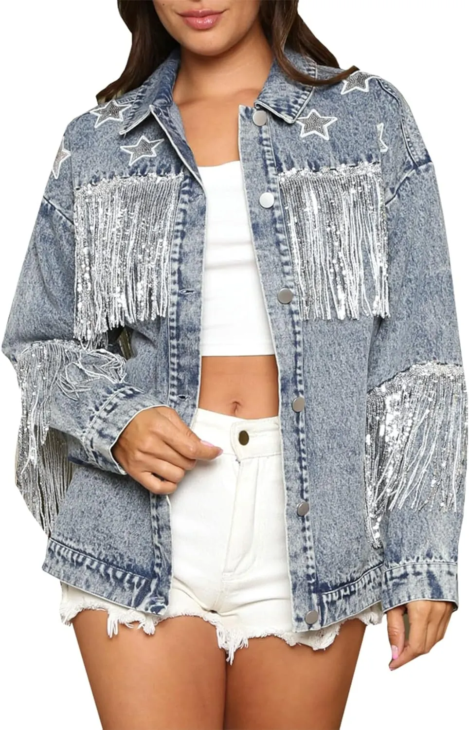 Women's Boyfriend Denim Jacket Long Sleeve Oversized Fringe Jean Jacket Coats