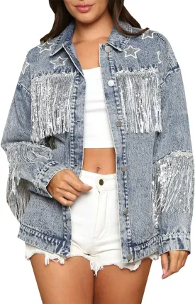 Women's Boyfriend Denim Jacket Long Sleeve Oversized Fringe Jean Jacket Coats