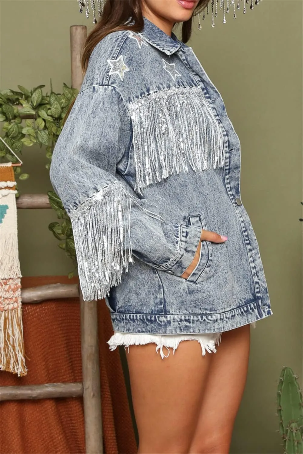 Women's Boyfriend Denim Jacket Long Sleeve Oversized Fringe Jean Jacket Coats
