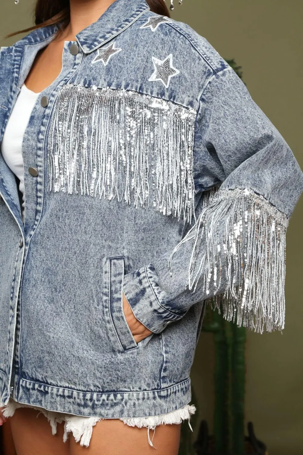 Women's Boyfriend Denim Jacket Long Sleeve Oversized Fringe Jean Jacket Coats