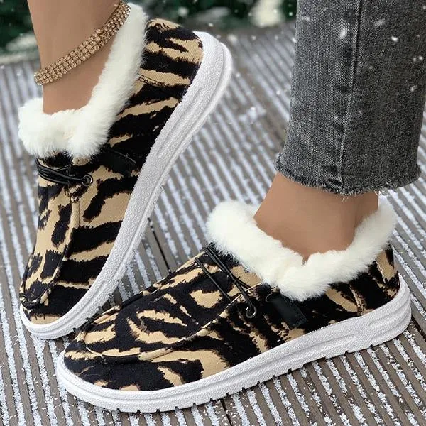 Women's Casual Zebra Print Thick Sole Plush Flats 09999580S