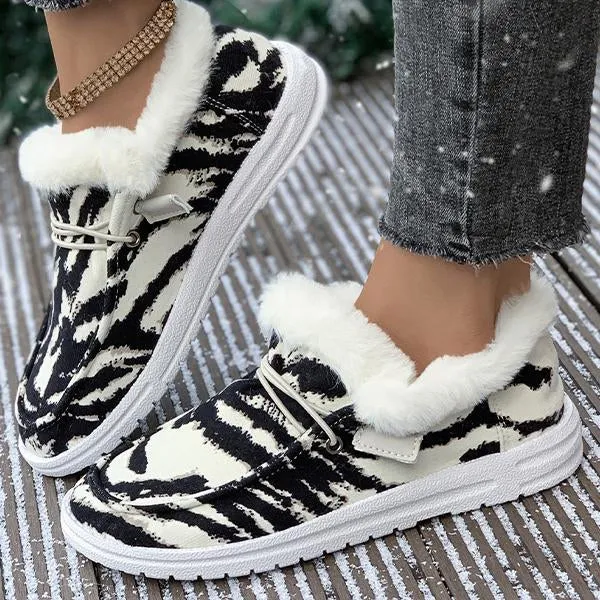 Women's Casual Zebra Print Thick Sole Plush Flats 09999580S