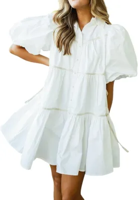 Women's Chic Puff Sleeve Oversized Mini Shirt Dress with Pockets