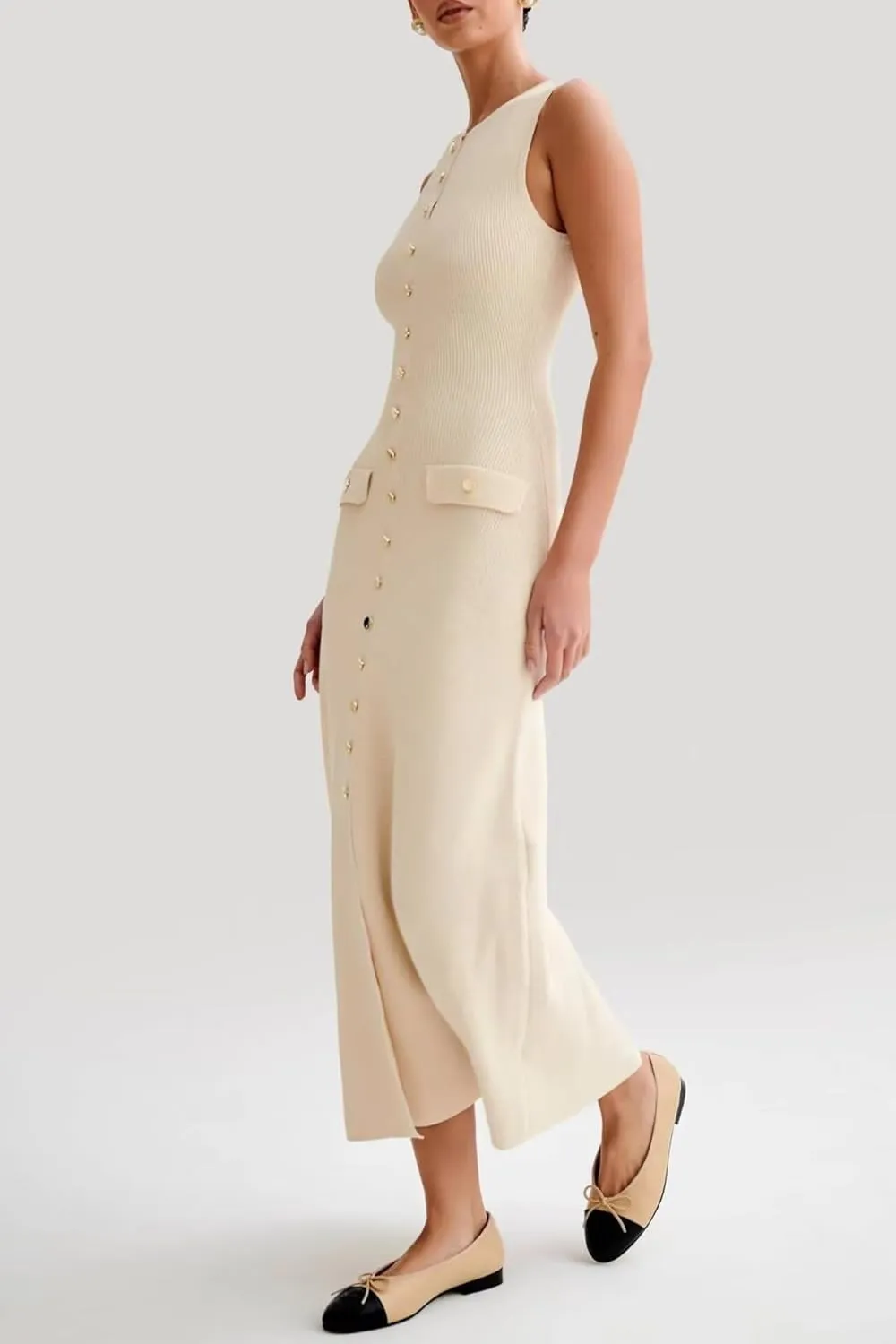 Women's Knit Sweater Maxi Dress Elegant Sleeveless Crew Neck Button Down Slit Bodycon Tank Long Dresses