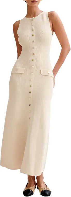 Women's Knit Sweater Maxi Dress Elegant Sleeveless Crew Neck Button Down Slit Bodycon Tank Long Dresses