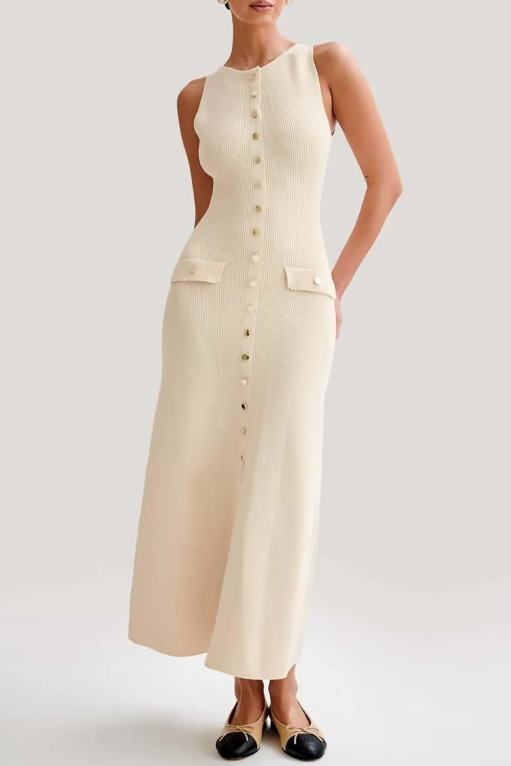 Women's Knit Sweater Maxi Dress Elegant Sleeveless Crew Neck Button Down Slit Bodycon Tank Long Dresses