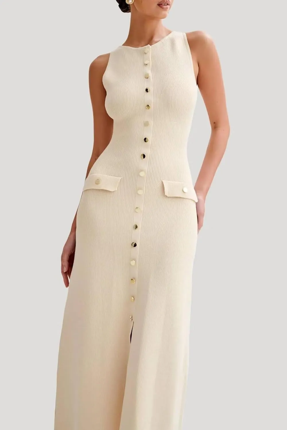 Women's Knit Sweater Maxi Dress Elegant Sleeveless Crew Neck Button Down Slit Bodycon Tank Long Dresses