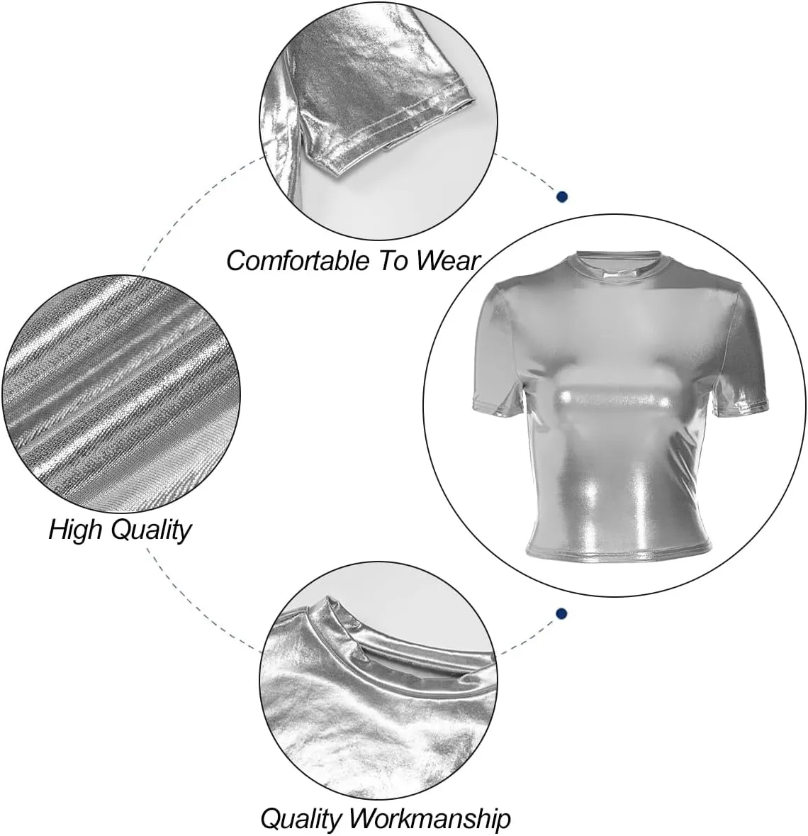 Women's Shiny Tops, Holographic Metallic Short Sleeve Slim Fit T-Shirt, Shimmer Crop Top Mock Neck Party Blouse