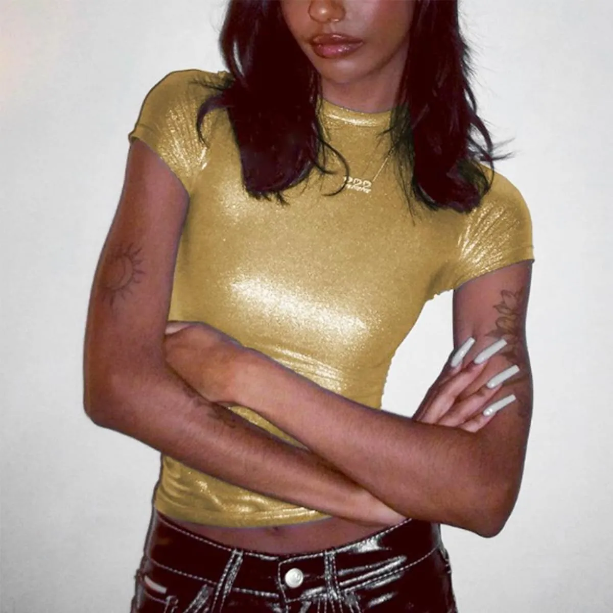Women's Shiny Tops, Holographic Metallic Short Sleeve Slim Fit T-Shirt, Shimmer Crop Top Mock Neck Party Blouse