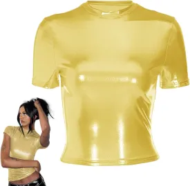 Women's Shiny Tops, Holographic Metallic Short Sleeve Slim Fit T-Shirt, Shimmer Crop Top Mock Neck Party Blouse