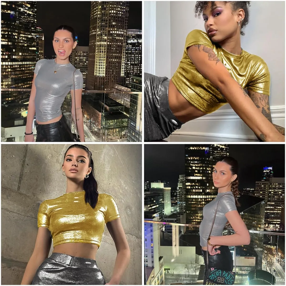 Women's Shiny Tops, Holographic Metallic Short Sleeve Slim Fit T-Shirt, Shimmer Crop Top Mock Neck Party Blouse