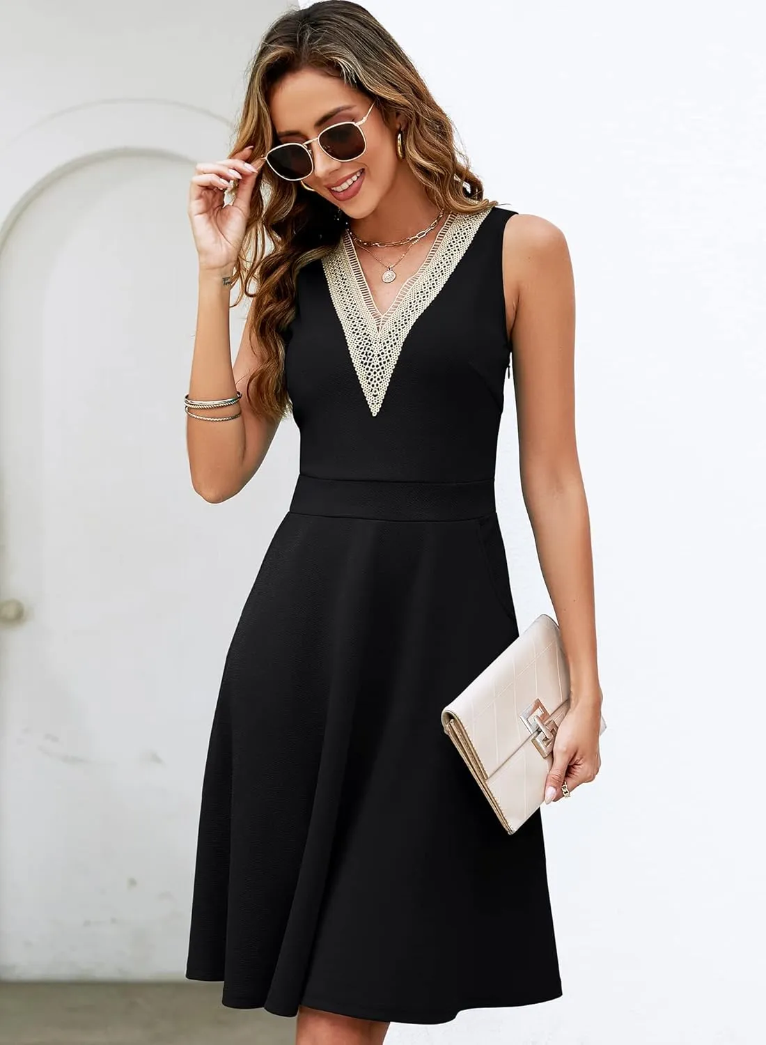 Womens Summer Lace Trim V-Neck Sleeveless Fit and Flare Tank Dresses with Pockets