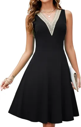 Womens Summer Lace Trim V-Neck Sleeveless Fit and Flare Tank Dresses with Pockets