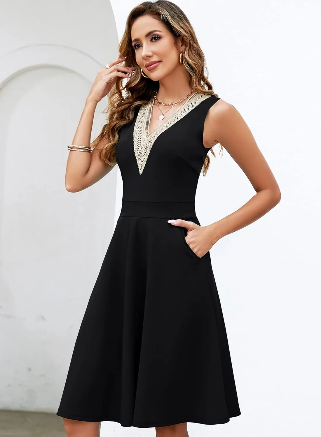 Womens Summer Lace Trim V-Neck Sleeveless Fit and Flare Tank Dresses with Pockets
