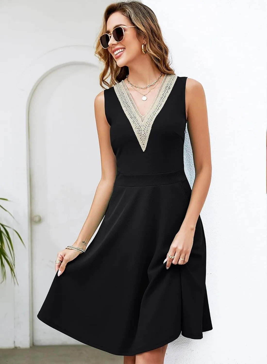 Womens Summer Lace Trim V-Neck Sleeveless Fit and Flare Tank Dresses with Pockets