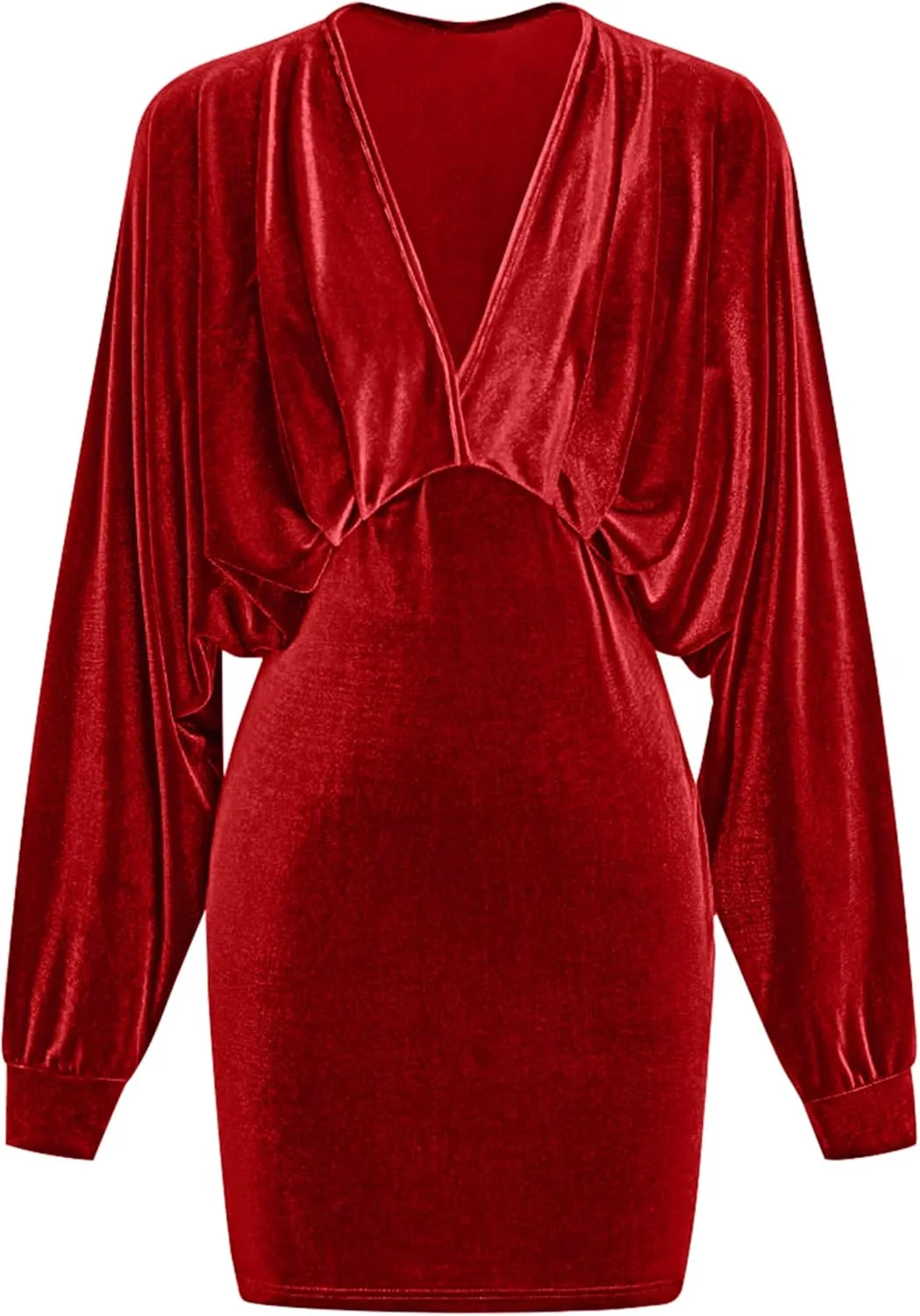 YMDUCH Women's Elegant Deep V Neck Long Sleeve Batwing Bodycon Velvet Mini Party Club Dress