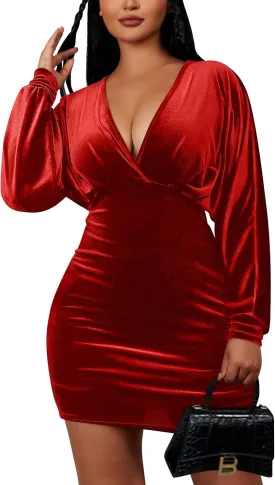 YMDUCH Women's Elegant Deep V Neck Long Sleeve Batwing Bodycon Velvet Mini Party Club Dress