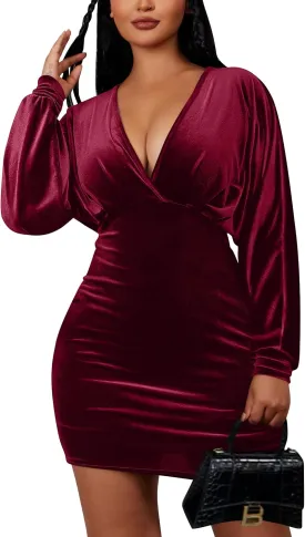 YMDUCH Women's Elegant Deep V Neck Long Sleeve Batwing Bodycon Velvet Mini Party Club Dress