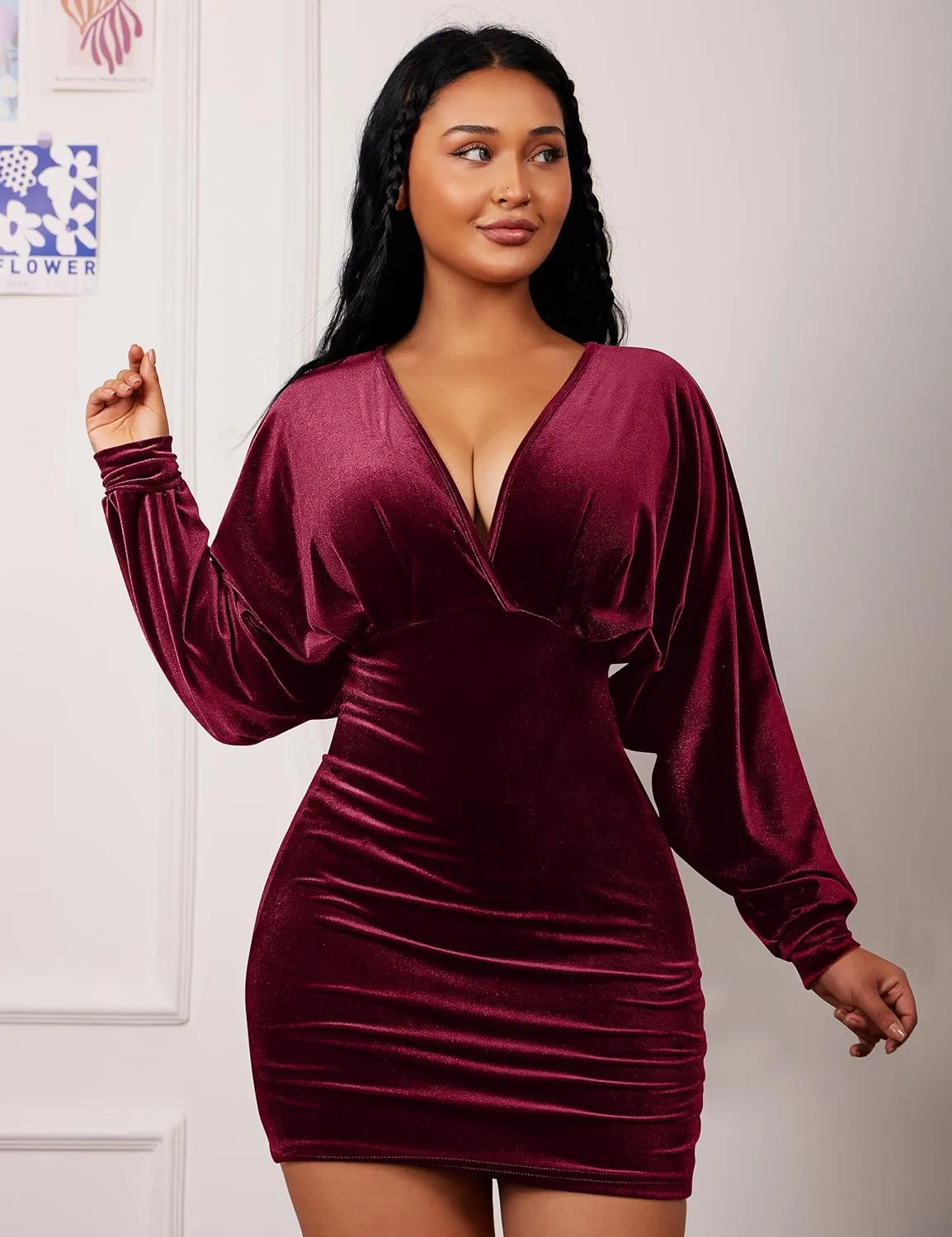 YMDUCH Women's Elegant Deep V Neck Long Sleeve Batwing Bodycon Velvet Mini Party Club Dress