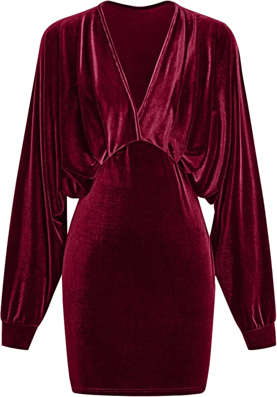 YMDUCH Women's Elegant Deep V Neck Long Sleeve Batwing Bodycon Velvet Mini Party Club Dress