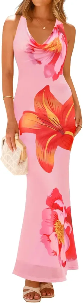 ZESICA Women's 2025 Summer Halter Neck Floral Print Maxi Dress Sleeveless Backless Wedding Guest Party Bodycon Long Dresses