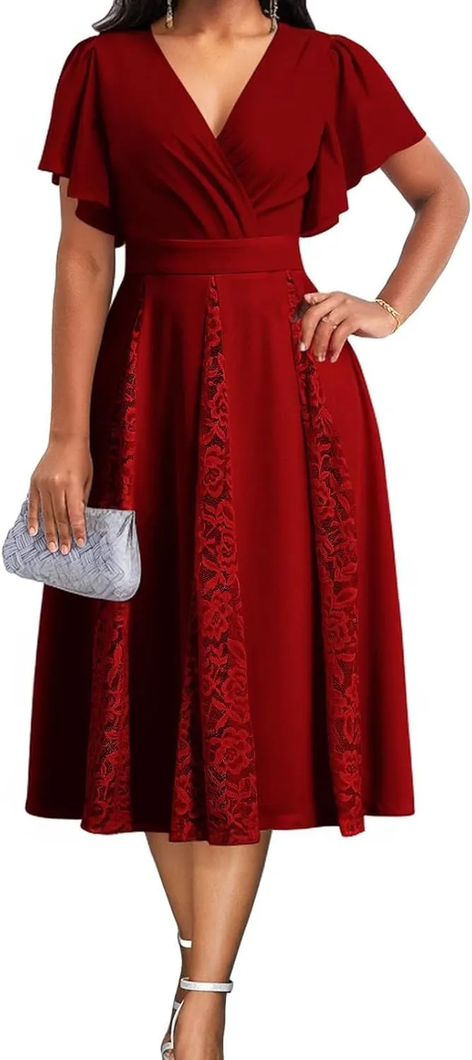 ZonJie Casual Dress for Women Elegant Summer Ruffle Cap Sleeve V Neck Swing A Line Cocktail Party Long Dresses