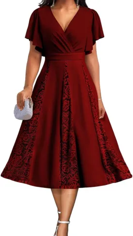 ZonJie Casual Dress for Women Elegant Summer Ruffle Cap Sleeve V Neck Swing A Line Cocktail Party Long Dresses