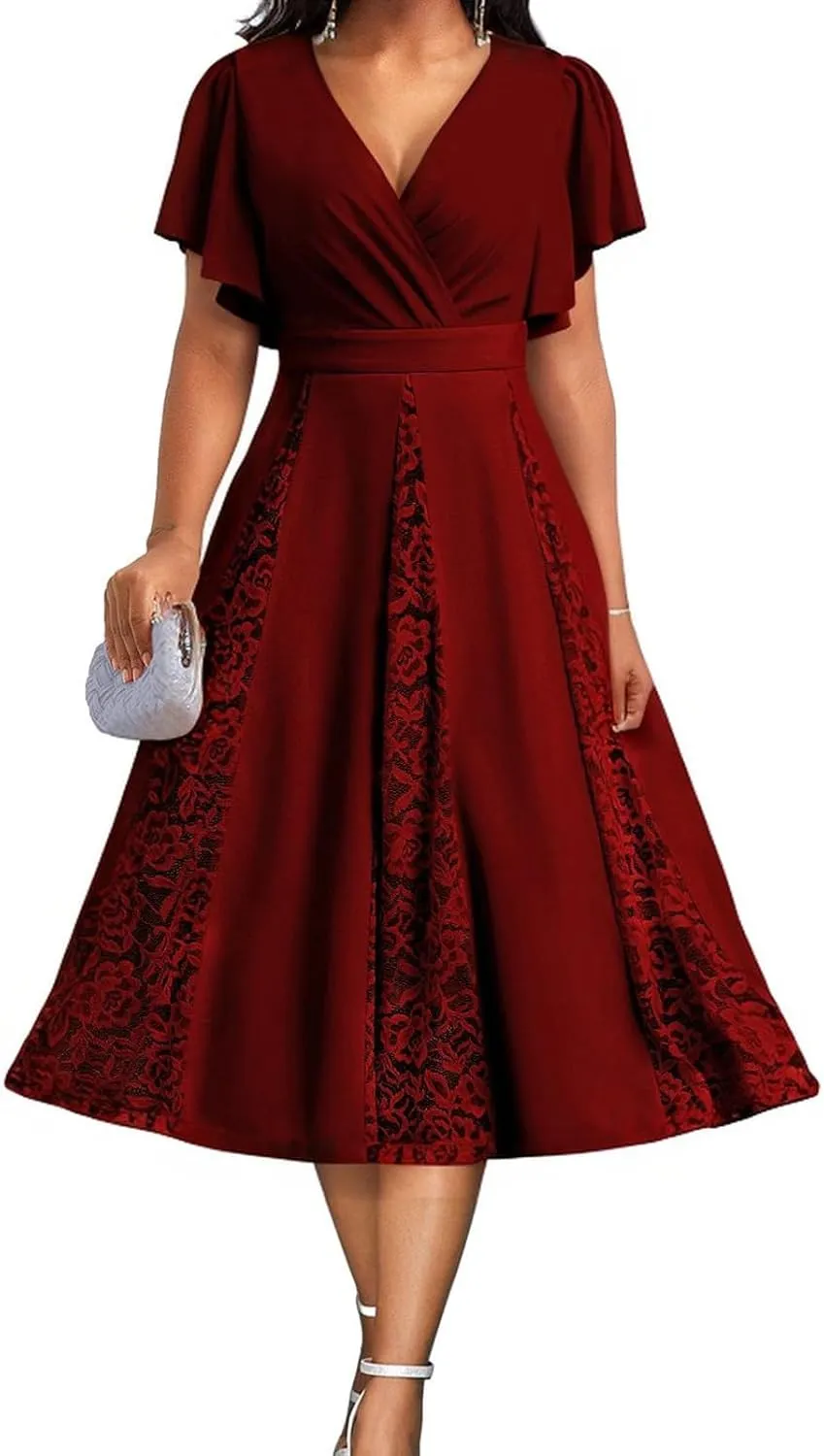 ZonJie Casual Dress for Women Elegant Summer Ruffle Cap Sleeve V Neck Swing A Line Cocktail Party Long Dresses