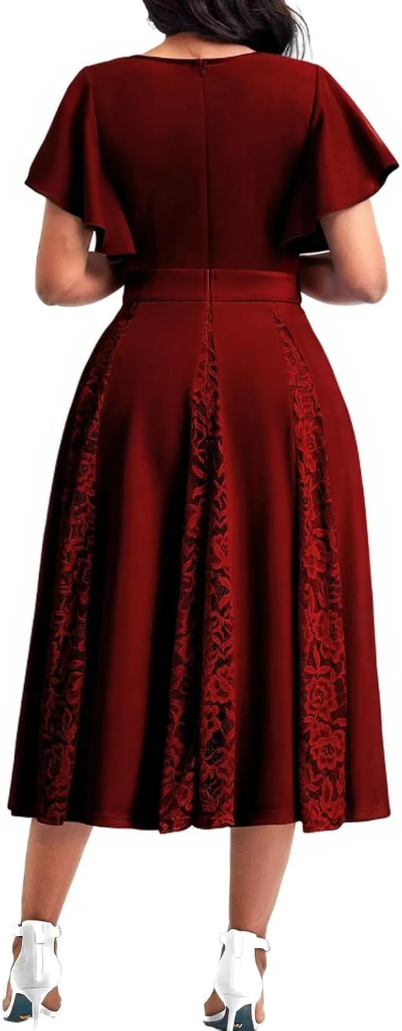 ZonJie Casual Dress for Women Elegant Summer Ruffle Cap Sleeve V Neck Swing A Line Cocktail Party Long Dresses
